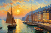 Impressionistic Art Print of a Harbor at Sunset with Anchored Boats