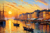 Impressionistic Art Print of a Harbor at Sunset with Anchored Boats