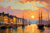 Impressionistic Art Print of a Harbor at Sunset with Anchored Boats