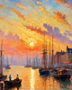 Impressionistic Art Print of a Harbor at Sunset with Anchored Boats