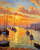 Impressionistic Art Print of a Harbor at Sunset with Anchored Boats