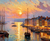 Impressionistic Art Print of a Harbor at Sunset with Anchored Boats