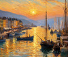 Impressionistic Art Print of a Harbor at Sunset with Anchored Boats