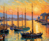 Impressionistic Art Print of a Harbor at Sunset with Anchored Boats