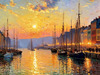 Impressionistic Art Print of a Harbor at Sunset with Anchored Boats
