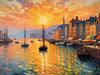 Impressionistic Art Print of a Harbor at Sunset with Anchored Boats