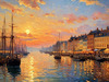 Impressionistic Art Print of a Harbor at Sunset with Anchored Boats