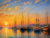 Impressionistic Art Print of a Harbor at Sunset with Anchored Boats