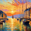 Impressionistic Art Print of a Harbor at Sunset with Anchored Boats