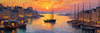Impressionistic Art Print of a Harbor at Sunset with Anchored Boats
