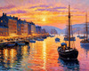 Impressionistic Art Print of a Harbor at Sunset with Anchored Boats