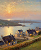 Printable Impressionistic Art of a Tranquil Bay with Yachts and Cottage Glow