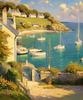 Printable Impressionistic Art of a Tranquil Bay with Yachts and Cottage Glow