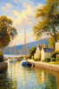 Printable Impressionistic Art of a Tranquil Bay with Yachts and Cottage Glow