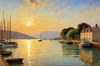 Printable Impressionistic Art of a Tranquil Bay with Yachts and Cottage Glow