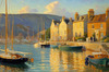 Printable Impressionistic Art of a Tranquil Bay with Yachts and Cottage Glow