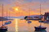Printable Impressionistic Art of a Tranquil Bay with Yachts and Cottage Glow