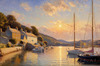 Printable Impressionistic Art of a Tranquil Bay with Yachts and Cottage Glow