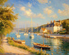 Printable Impressionistic Art of a Tranquil Bay with Yachts and Cottage Glow