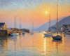 Printable Impressionistic Art of a Tranquil Bay with Yachts and Cottage Glow