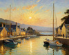 Printable Impressionistic Art of a Tranquil Bay with Yachts and Cottage Glow