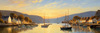 Printable Impressionistic Art of a Tranquil Bay with Yachts and Cottage Glow