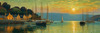Printable Impressionistic Art of a Tranquil Bay with Yachts and Cottage Glow