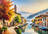 Printable art of Italian village on autumn morning with lakeside mist