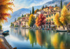 Printable art of Italian village on autumn morning with lakeside mist