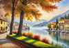 Printable art of Italian village on autumn morning with lakeside mist