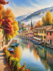 Printable art of Italian village on autumn morning with lakeside mist