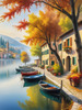 Printable art of Italian village on autumn morning with lakeside mist