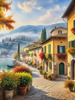 Printable art of Italian village on autumn morning with lakeside mist