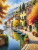 Printable art of Italian village on autumn morning with lakeside mist