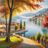Printable art of Italian village on autumn morning with lakeside mist
