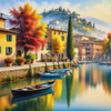 Printable art of Italian village on autumn morning with lakeside mist