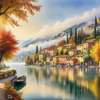 Printable art of Italian village on autumn morning with lakeside mist