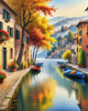 Printable art of Italian village on autumn morning with lakeside mist