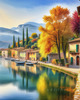 Printable art of Italian village on autumn morning with lakeside mist