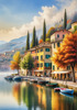 Printable art of Italian village on autumn morning with lakeside mist