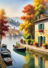 Printable art of Italian village on autumn morning with lakeside mist