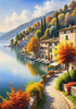 Printable art of Italian village on autumn morning with lakeside mist
