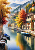 Printable art of Italian village on autumn morning with lakeside mist