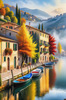 Printable art of Italian village on autumn morning with lakeside mist