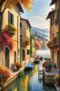 Printable art of Italian village on autumn morning with lakeside mist