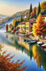 Printable art of Italian village on autumn morning with lakeside mist