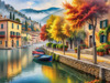 Printable art of Italian village on autumn morning with lakeside mist