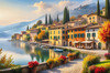 Printable art of Italian village on autumn morning with lakeside mist
