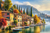 Printable art of Italian village on autumn morning with lakeside mist