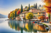 Printable art of Italian village on autumn morning with lakeside mist